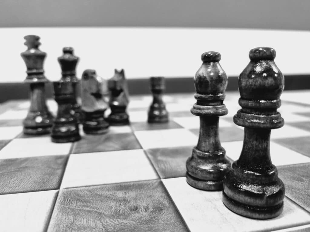 chess pieces in black and white
